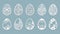 Bell, cross, leaves, flowers, chamomile carved in egg. Vector illustration. Easter eggs for Easter holidays. Set of paper Easter