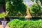 Bell fountain with a sculptural group Bacchus with a satyr near Monplaisir palace in lower park of Peterhof in St. Petersburg