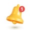 Bell icon with notification counter. Realistic golden bell, concept of a new message notification in social media, instant