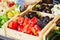 Bell peppers and eggplants on market in Cucuron, Provence, France