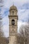 The bell tower of the ancient church of San Giovanni Battista in the historic center of Bardi, Parma, Italy