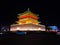 The bell tower in the ancient cultural capital of Xi`an looks more colorful at night