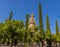 The bell tower of Campanario framed by tall Cypress trees in the Mezquita Square in the old town of Cordoba, Spain