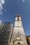 The bell tower of the Cathedral of Norcia, Italy, hit hard by the 2016 earthquake, on a sunny day