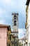 Bell tower of the church in Fivizzano, the small Lunigiana town in the province of Massa and Carrara, Tuscany, Italy, copy space