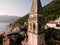 Bell tower of the Church of St. Nicholas in Perast. Montenegro. Drone