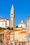 Bell tower and colorful buildings at Tartini square in Piran, Istria