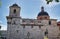 Bell tower and dome with blue tiles of the Iglesia del Temple in Valencia, Spain