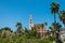 Bell tower and facade of the Saint Peter Church, Franciscan church in Old Jaffa in Tel Aviv Yaffo, Israel, View from the top of