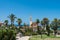 Bell tower and facade of the Saint Peter Church, Franciscan church in Old Jaffa in Tel Aviv Yaffo, Israel, View from the top of