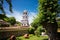 Bell tower and garden of the church of St. Constantine and Elena in Plovdiv Bulgaria