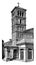 Bell Tower refer to a free standing bell tower, heard at a distance,  vintage engraving