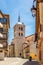 Bell tower of Santa Maria la Real church in the streets of Aranda de Duero in Spain
