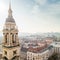 Bell tower of St. Stephen\'s Basilica and view of Budapest