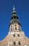 Bell tower steeple of St. Peter`s Church in Riga, Latvia