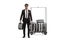 Bellboy holding suitcases and standing next to a luggage cart