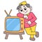 The bellboy was standing beside the television to promote. doodle icon image kawaii