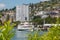 The Belle Epoque restored vintage paddle boat moored at pier in Montreux, Lake Geneva lac Leman, Vaud, Switzerland with Eurotel