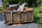 BELLEVUE, WA/USA â€“ SEPTEMBER 5, 2019: Residential yard with construction dumpster and Honey Bucket in driveway.