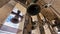 The bells of the Giralda Tower in the Grand Cathedral of Seville, Spain, seen in a close panoramic view.