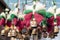 Bells with sheep wool bows in colors of Bulgarian flag. Traditional souvenirs for holidays - Christmas and Spring Day