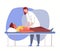Bellyache, health concept. Doctor palpates patient`s abdomen.