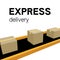 Belt conveyor with carton boxes. Vector EPS 10. Logistic, colored illustration. 3d concept of express delivery banner