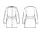 Belted blouse technical fashion illustration with long sleeves, stand collar, oversized, button up, enlarged hem. Flat