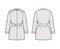 Belted blouse technical fashion illustration with long sleeves, stand collar, oversized, button up, enlarged hem. Flat