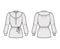 Belted gathered blouse technical fashion illustration with long sleeves, curved mandarin collar, relaxed shape shirt
