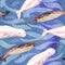Beluga and Narwhal, hand painted watercolor illustration, seamless pattern on blue ocean surface with waves