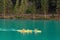 Beluno, Italy August 9, 2018: Mountain village Auronzo di Cadore. canoeists.
