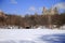 The Belvedere building behind the frozen lake in Central Park