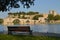 Bench, bridge and Pope\'s Palace in Avignon