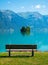 Bench on the Brienz lake coast near Isetwald, Switzerland.