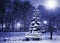 Bench, christmastree and lantern