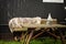 Bench covered with sheepskin. Old wooden plank wall at background. Table in the front of bench