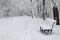 Bench covered with snow in the city park in winter