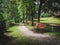 A bench dappled by light and shadows by the side of a trail leading into the woods by a log cabin and meadow in Lauterbrunnen,