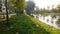 Bench on the edge of the artificial canal in the garden of the castle in Courcelles on Vesles in the Aisne