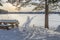 Bench in front of Frozen Lake with Ski Tracks