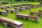 Bench and grass green wet after the rain morning in park