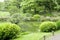 Bench, green plants, flowers, stone road and lake inzen garden