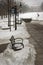 Bench hidden in snow at plaza in Madison Wisconsin