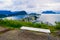 Bench on the mountain Aksla at the Alesund cityscape background whit architecture of city in Art Nouveau, Neoclassical and neo-