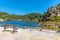 Bench overlooking Frying pan lake and echo crater at Waimangu volcanic valley un New Zealand