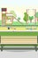 Bench and playground in the park. Swings, slides and carousels. Flat cartoon style illustration. A place for children to