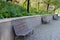 Bench at a retaining wall in a park of black bushes early spring perennials on a high flowerbed path of granite cubes