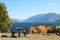 Bench seats and tables overlooking Lake Wakatipu, Otago, NewZealand