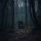 a bench sits in the middle of a dark forest